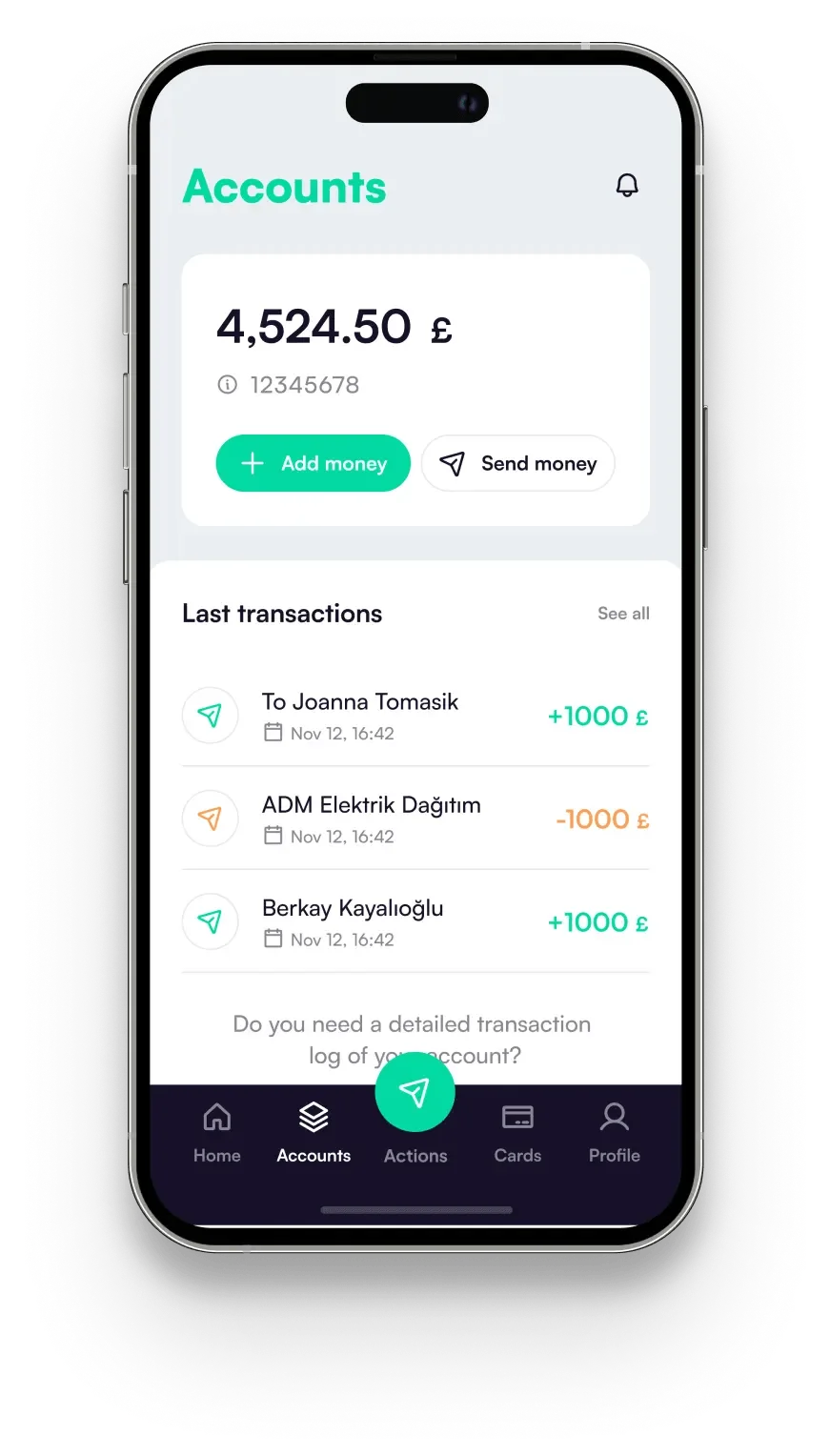 RUUT app accounts screen showing balance and last transactions